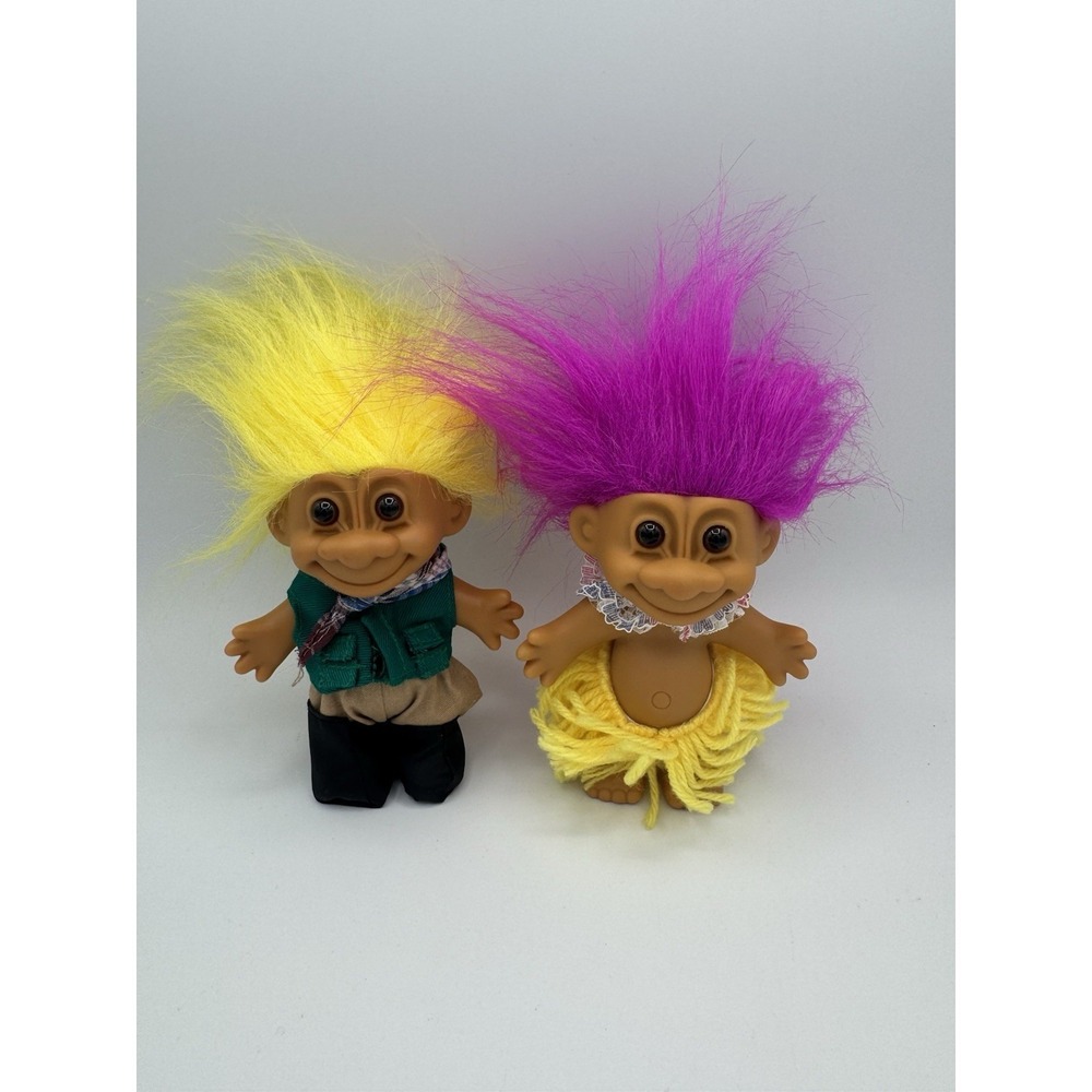 Russ Troll Dolls Lot Of 2 Hula Dancer & Fisherman/camper Yellow And Pink Hair